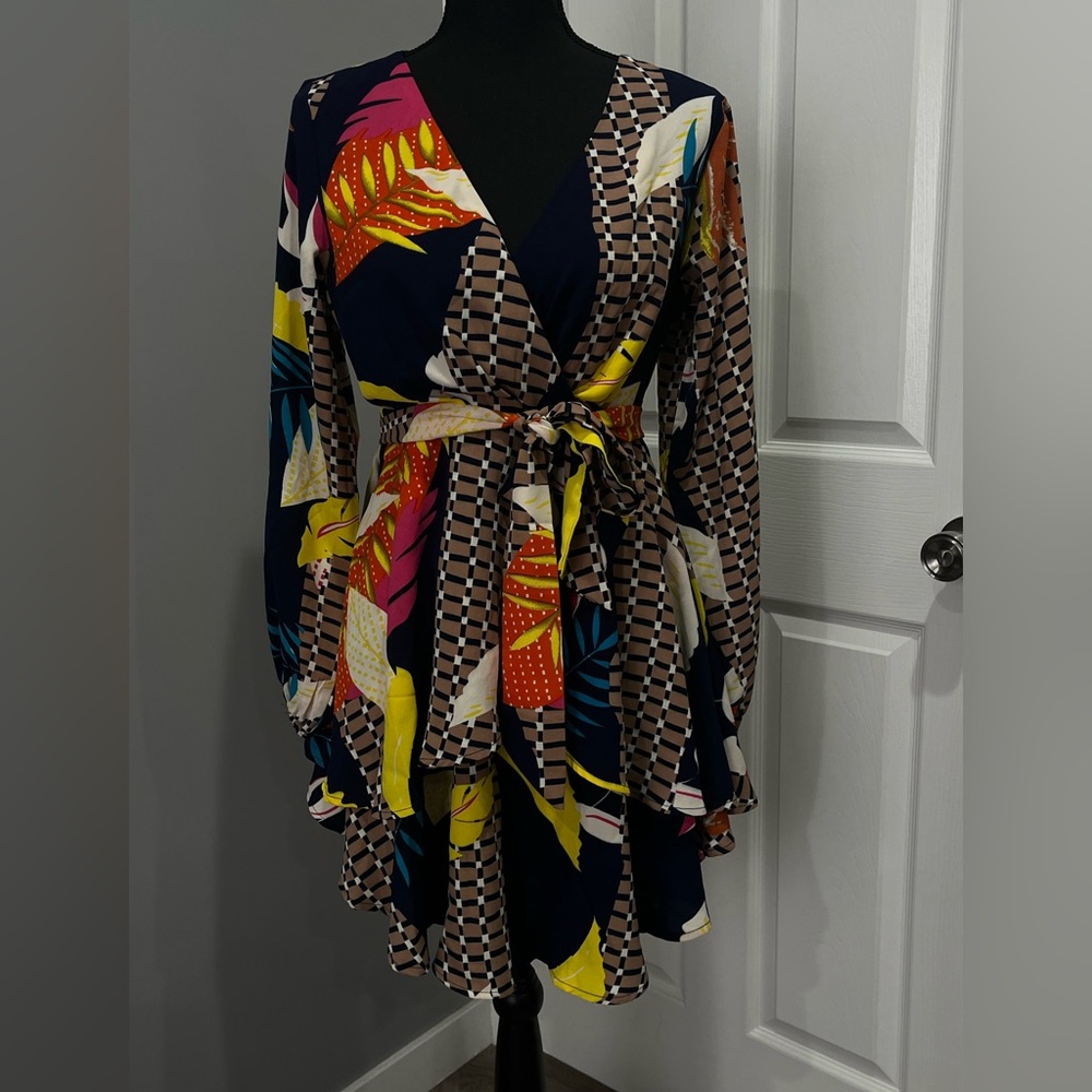 Multi color patterned belted party dress